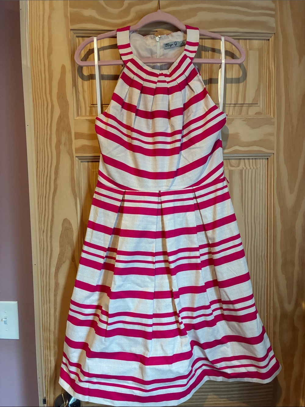 Eliza J Pink and White Striped Halter Fit-and-Flare Dress